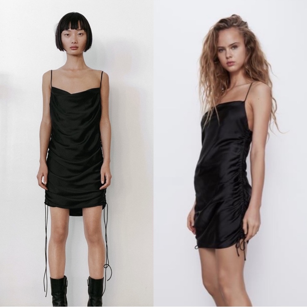 NWT ZARA Black Draped Satin Effect Mini Ruched Sides Dress